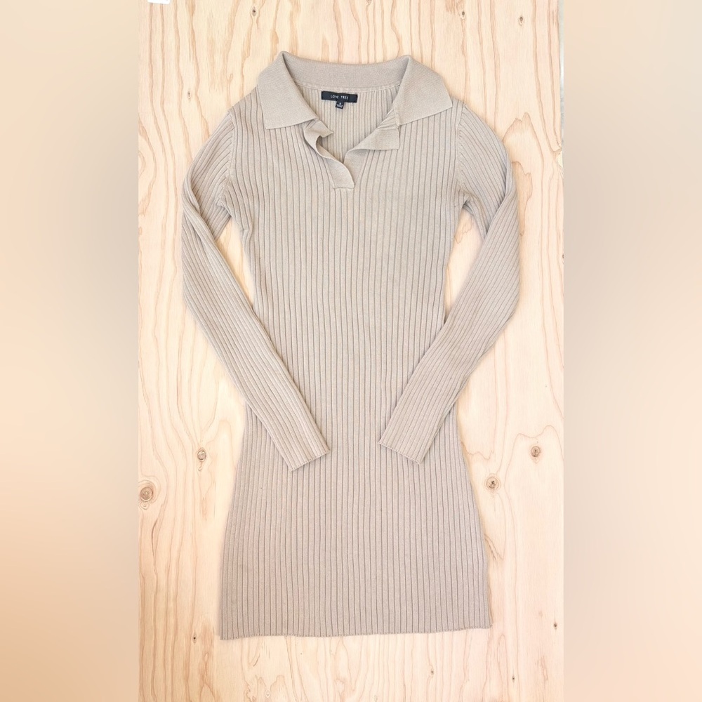 ribbed polo sweater dress – taupe knit mini – love tree S